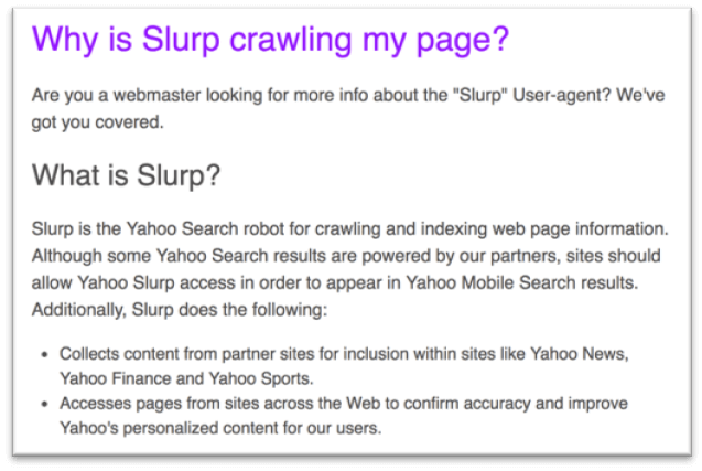 Learn more about the "Slurp" User-agent